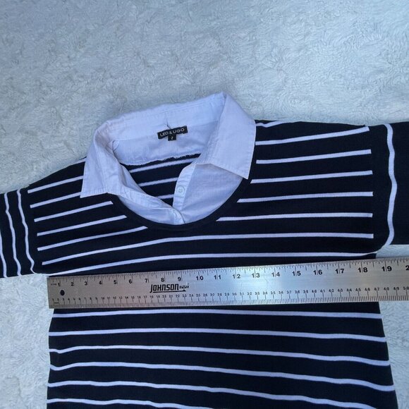 Leo & Ugo Womens Striped Collared Shirt Style Collar Sweater Size 2 Navy White - Picture 7 of 9